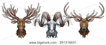 A Set Of Stained Glass Items, Stained Glass With Animal Heads, A Deer,  A Elk And A Ram, Isolates On