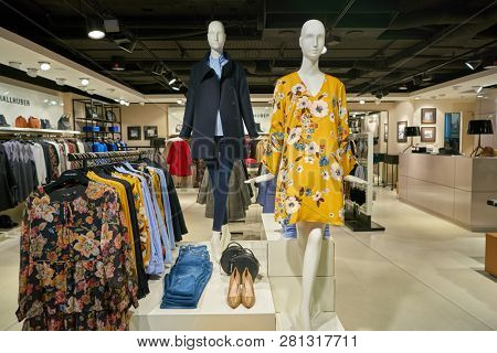 DUSSELDORF, GERMANY - CIRCA OCTOBER, 2018: Hallhuber clothing shop in Dusseldorf airport.