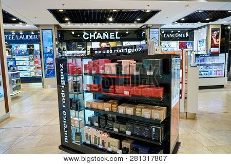 DUSSELDORF, GERMANY - CIRCA OCTOBER, 2018: perfumes on display in Dusseldorf Duty Free.
