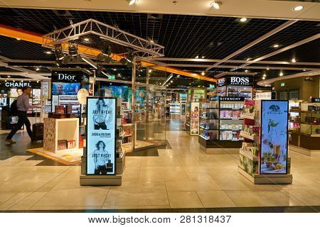 DUSSELDORF, GERMANY - CIRCA OCTOBER, 2018: perfumes and cosmetics on display in Dusseldorf Duty Free.