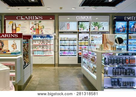 DUSSELDORF, GERMANY - CIRCA OCTOBER, 2018: perfumes and cosmetics on display in Dusseldorf Duty Free.