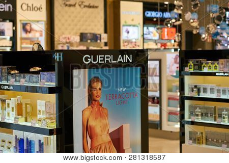 DUSSELDORF, GERMANY - CIRCA OCTOBER, 2018: perfumes and cosmetics on display in Dusseldorf Duty Free.