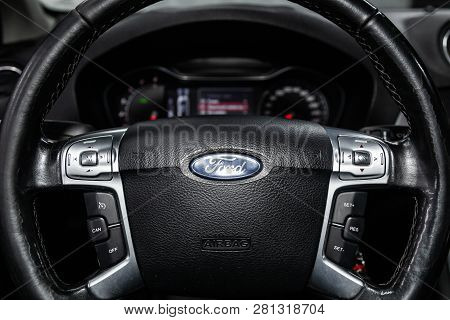 Novosibirsk, Russia - January 30, 2019:  Ford Mondeo,   Close-up Of The Dashboard And Steering Wheel