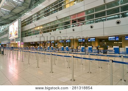 DUSSELDORF, GERMANY - CIRCA SEPTEMBER, 2018: check-in area in Dusseldorf airport.