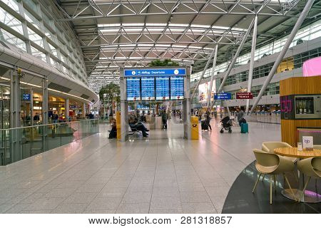 DUSSELDORF, GERMANY - CIRCA SEPTEMBER, 2018: interior shot of departure level in Dusseldorf airport.