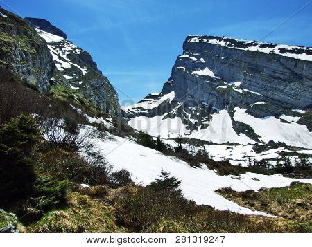Alpine Peaks Schibenstoll And Zuestoll In The Churfirsten Mountain Range, Between The Toggenburg Reg