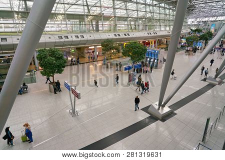 DUSSELDORF, GERMANY - CIRCA SEPTEMBER, 2018: interior shot of departure level in Dusseldorf airport.