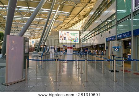 DUSSELDORF, GERMANY - CIRCA OCTOBER, 2018: interior shot of departure level in Dusseldorf airport.