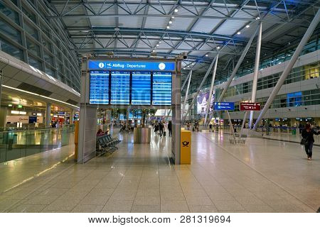 DUSSELDORF, GERMANY - CIRCA OCTOBER, 2018: interior shot of departure level in Dusseldorf airport.