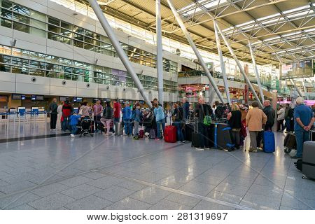 DUSSELDORF, GERMANY - CIRCA OCTOBER, 2018: interior shot of departure level in Dusseldorf airport.