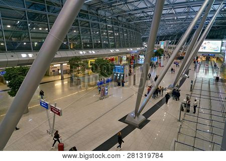 DUSSELDORF, GERMANY - CIRCA OCTOBER, 2018: interior shot of departure level in Dusseldorf airport.