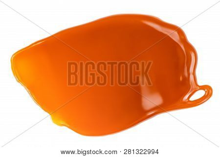 Caramel Sauce Isolated On White Background. Pouring  Toffee Sauce Spot