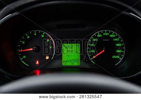 Novosibirsk, Russia -january 30, 2019:  Lada Kalina, Close-up Of The Dashboard. Photography Of A Mod