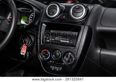 Novosibirsk, Russia -january 30, 2019:  Lada Kalina,  Close-up Of The Dashboard And Player. Photogra