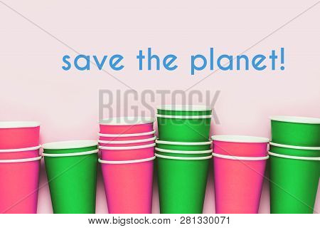 Plastick Cups Background. Living Coral Concept Of Environment Pollution.