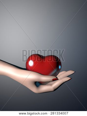 3D Illustration Of Happy Valentine's Day Card With Femile Hand Hold Heart With Copy Space