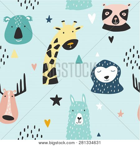 Safari Baby Animals Seamless Funny Pattern. Vector Kid Print. Hand Drawn Doodle Illustrations In Sca