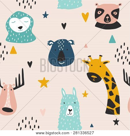 Safari Baby Animals Seamless Funny Pattern. Vector Kid Print. Hand Drawn Doodle Illustrations In Sca