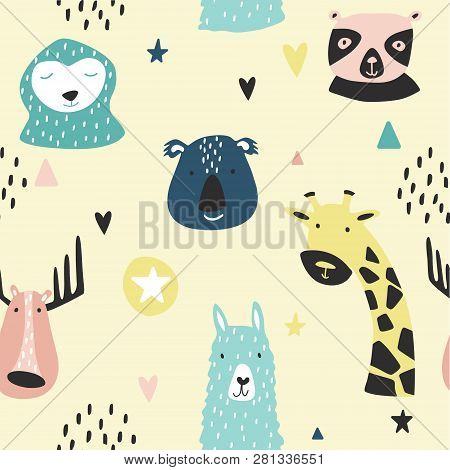 Safari Baby Animals Seamless Funny Pattern. Vector Kid Print. Hand Drawn Doodle Illustrations In Sca