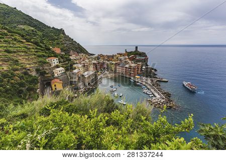 Vernazza City On The Rocky Seashore. Cinca Terre. Italy