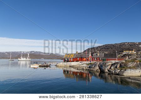 Rodebay, Greenland - July 08, 2018: Resturant H8 In At The Small Harbor. Rodebay, Also Known As Oqaa