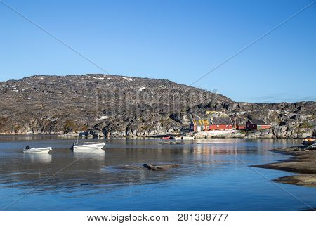 Rodebay, Greenland - July 08, 2018: Resturant H8 In At The Small Harbor. Rodebay, Also Known As Oqaa