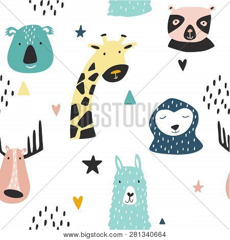 Safari Baby Animals Seamless Funny Pattern. Vector Kid Print. Hand Drawn Doodle Illustrations In Sca