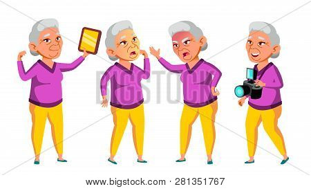 Asian Old Woman Poses Set Vector. Elderly People. Senior Person. Aged. Beautiful Retiree. Life. Card