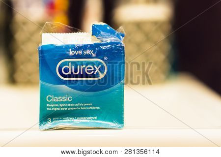 Poznan, Poland - January 29, 2019: Blue Opened Pack Durex Classic In A Bathroom.