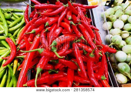 Pile Red Chilli Spur Peppers Background Texture