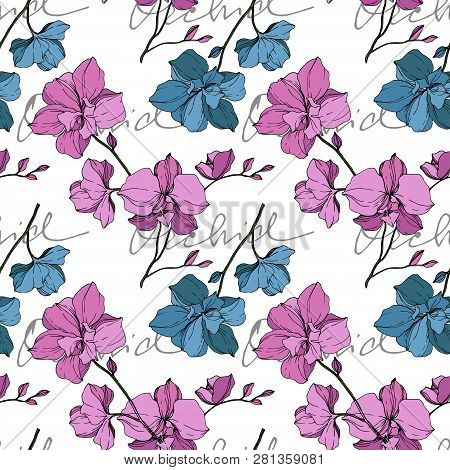 Vector Orcid Floral Botanical Flower. Engraved Ink Art. Seamless Background Pattern.