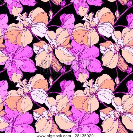 Vector Pink Orcid Floral Botanical Flower. Engraved Ink Art. Seamless Background Pattern.
