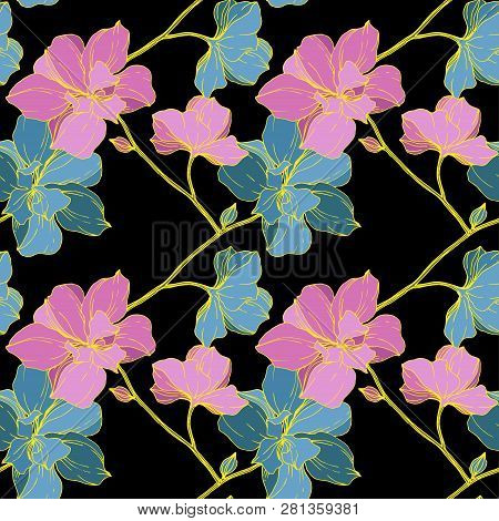 Vector Pink And Blue Orcid Floral Botanical Flower. Engraved Ink Art. Seamless Background Pattern.