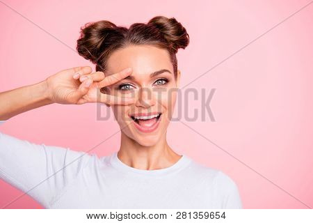 Close Up Photo Of Amazing Attractive Pretty She Her Lady With Cute Buns Showing Fingers In Shape For