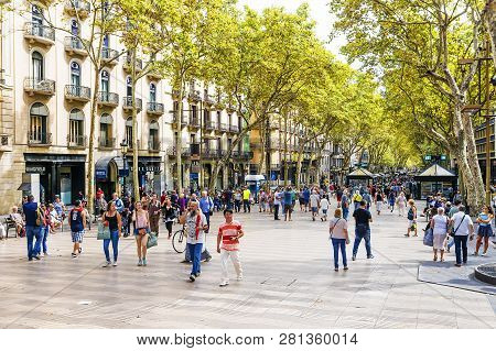 Barcelona, Spain - September 15 2015: Rambla-- Pedestrian Street In The Center Of Barcelona. The Bor
