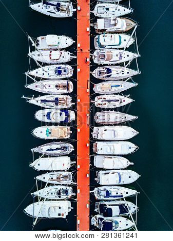Aerial View Of Marina With Boats And Yachts In Italy.