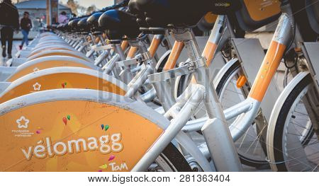 Montpellier, France - January 2, 2019: Velomagg Bike Sharing City Bikes For Rental In Montpellier. B