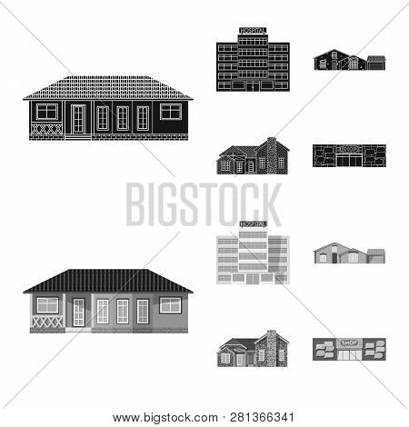Isolated Object Of Building And Front Sign. Set Of Building And Roof Vector Icon For Stock.