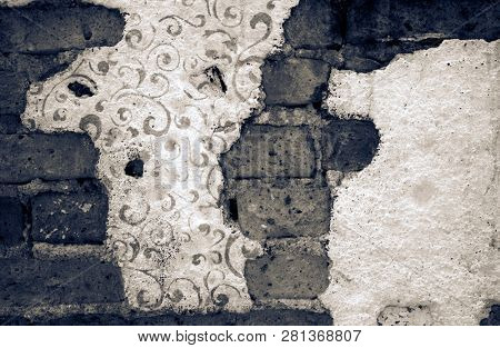 old brick wall plater falling off  monochrome