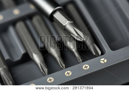 Set Of Bits For Screwdriver. Metal Bits For Screwdriver. Tool Set For Household Use. Nozzles And Ada