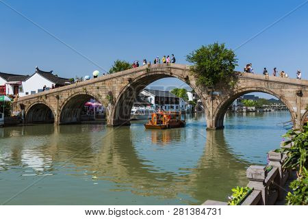Shanghai, China - May 23, 2018: Boat cruise on the canal in Zhujiajiao water town.