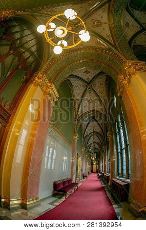 Budapest, Hungary - December 19, 2018: Interior Of The Parliament Of Budapest, The Seat Of The Hunga