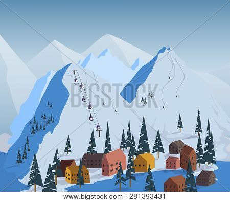 Ski Resort. Beautiful Landscape With Mountains, Houses, Hotels, Fir Trees And Ski Lift. Vector Illus