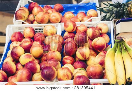 Various Colorful Fresh Fruits In The Fruit Market, Catania, Sicily, Italy