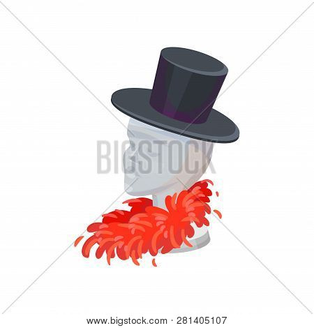 Stand In Shape Of Human Head For Hats. Mannequin Head With Cylindrical Hat And Feather Boa. Flat Vec