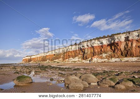 21 February 2015: Hunstanton Cliffs,  Norfolk - Where White Chalk Overlays Red Limestone In A Colour
