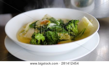 Vegetable Soup Cap Cay In Bowl. Traditional Asian Soup Cap Cay