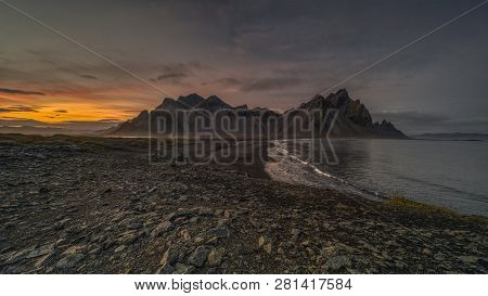 Sunset At Vestrahorn, A 454 Metre Tall Scree Mountain, Mainly Made Up Of Gabbro And Granophyre Rocks