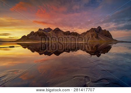 Sunset At Vestrahorn, A 454 Metre Tall Scree Mountain, Mainly Made Up Of Gabbro And Granophyre Rocks