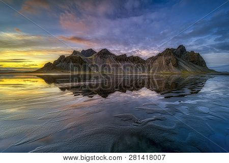 Sunset At Vestrahorn, A 454 Metre Tall Scree Mountain, Mainly Made Up Of Gabbro And Granophyre Rocks